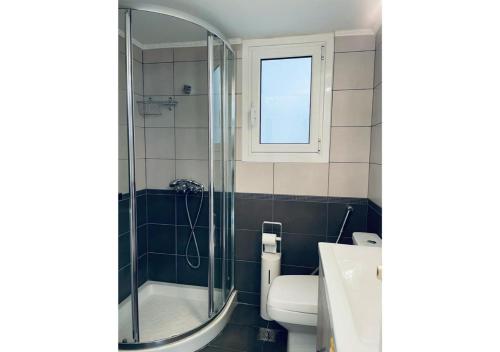 een badkamer met een douche, een toilet en een wastafel bij Cozy Apartment in Central Athens - Sleeps 6 in Athene