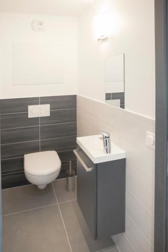 a bathroom with a white toilet and a sink at Appartement Tournette - Vue Lac in Sévrier