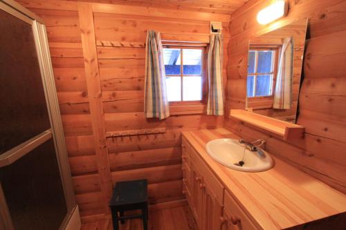 a bathroom with a sink in a log cabin at Lusæter Timber Cabins in Heidal