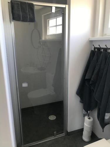 a shower with a glass door in a bathroom at Pilkas Namelis - Namelių nuoma Šventojoje in Šventoji
