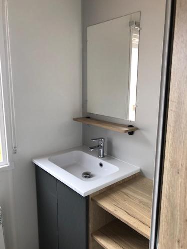 une salle de bain avec un lavabo et un miroir dans l'établissement Mobilhome Canet en Roussillon - CANET PLAGE LOC, à Canet