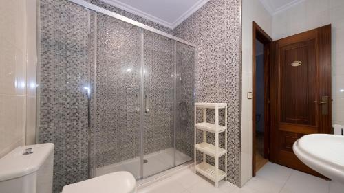 y baño con ducha, aseo y lavamanos. en Apartamento Loli 4, en Viveiro