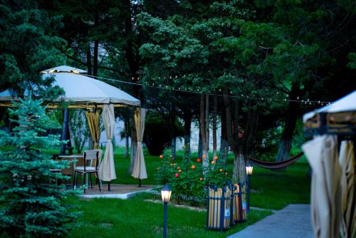 a garden with an umbrella and a table and chairs at Hotel Corina in Venus
