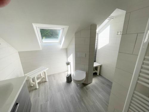 a bathroom with a toilet and a sink and a window at FeWo mit Balkon direkt am Wald und Wanderweg Ruhe pur 2 OG in Bad Sachsa