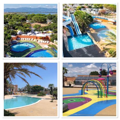 4 photos différentes d'une piscine dans un complexe dans l'établissement Mobilhome Canet en Roussillon - CANET PLAGE LOC, à Canet