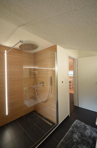 a bathroom with a shower with a glass wall at Sweet Dreams Appartements in Going am Wilden Kaiser