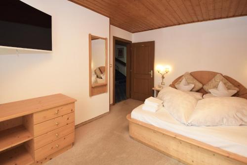 a bedroom with a bed with a television and a dresser at Hotel Chalet Olympia in Monguelfo