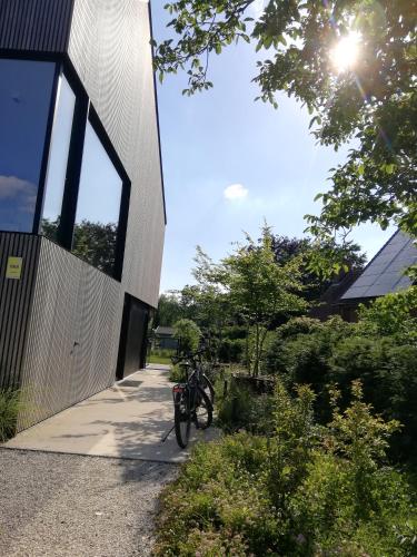 a bike parked on a sidewalk next to a building at B&B De Stuifduinen in Wetteren