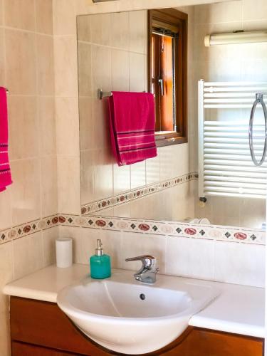 ein Badezimmer mit Waschbecken, Spiegel und roten Handtüchern in der Unterkunft Koutsini Villa in Pano Akourdalia