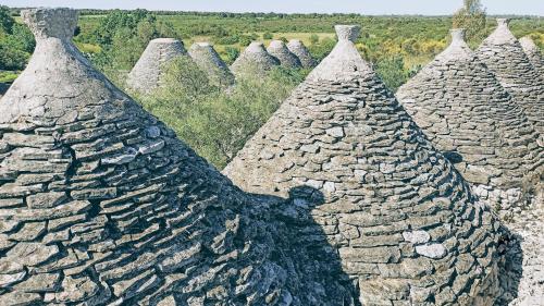 a group of stone domes with trees in the background at Masseria LoJazzo in Ceglie Messapica