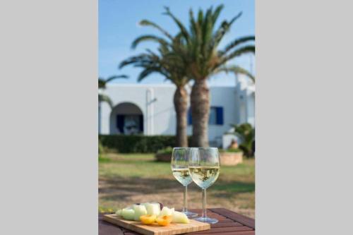 a glass of white wine and a plate of fruit at Palmaya Villa, unique seafront experience in Vaia