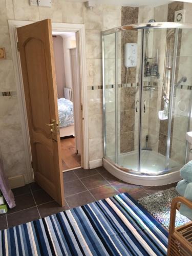 a bathroom with a shower with a glass enclosure at Taliesin at The Poplars, Nr Saundersfoot in Pembrokeshire