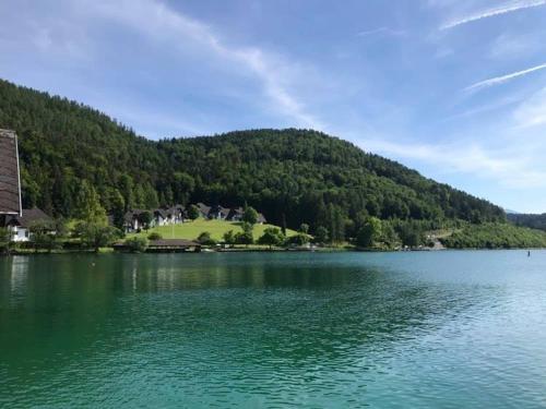 una gran masa de agua con una casa y una montaña en Pension Horvath, en Sankt Kanzian