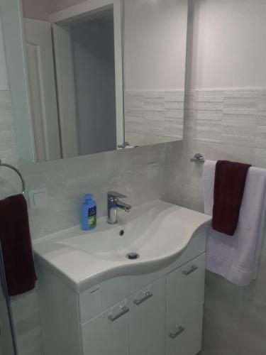 a bathroom with a white sink and a mirror at New Kosljun Apartment short walk to Beach in Košljun
