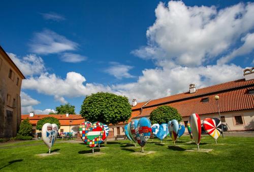 a group of colorful balloons in a grass field at Zámecký hotel & Wellness in Poděbrady