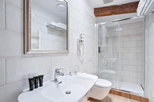 a bathroom with a sink and a toilet and a mirror at Zámecký penzion in Poděbrady