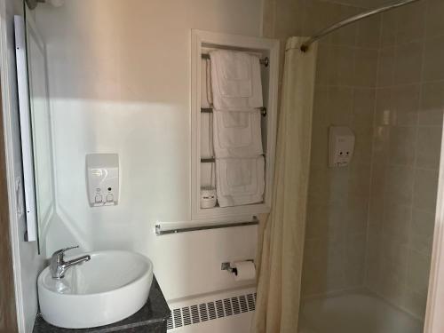 a white bathroom with a sink and a shower at Scottish Inn - North Tonawanda in Tonawanda