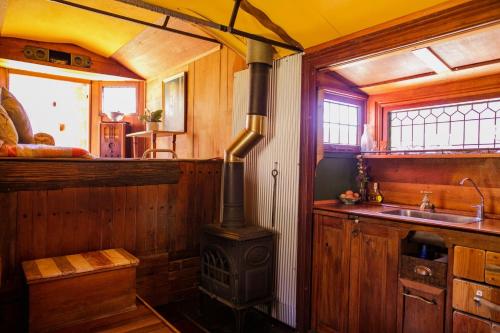 a kitchen with a woodburning stove and a sink at Alpacas Off Grid - House Truck in Takaka