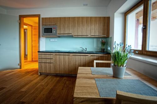 a kitchen with wooden cabinets and a table in a room at Vinařský Penzion in Strachotice