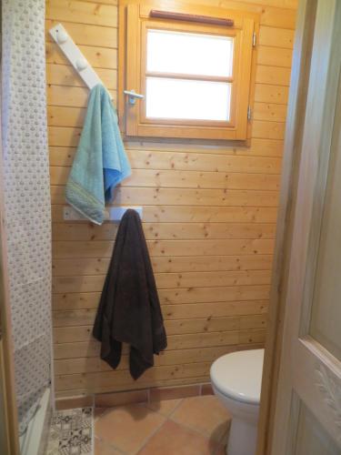 Elle comprend une petite salle de bains pourvue de toilettes et d'une fenêtre. dans l'établissement Gîte de l'Oursonnière, à Saint-Laurent-dʼOingt