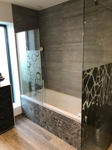een badkamer met een douche met een glazen wand bij La Croisée Chambre d hôte avec sanitaires partagés in Guéreins