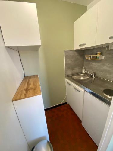une petite cuisine avec des armoires blanches et un évier dans l'établissement Appartement 1 pièce, Hyper centre, Grosse Horloge, à La Rochelle