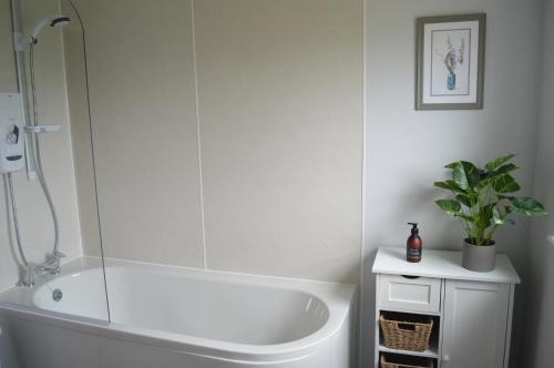 a white bathroom with a tub and a plant at Kilronan Self Catering - Eoropie, Isle of Lewis in Eoropie