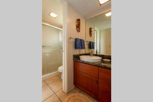 een badkamer met een wastafel, een toilet en een spiegel bij Sealodge F1 in Princeville