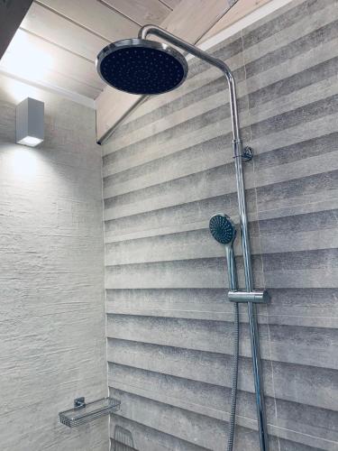 a shower with a shower head in a room at Terpsichore boutique Bright new Sofita studios and appartment in Dassia