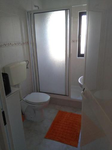 a white bathroom with a toilet and a shower at Recanto do Sol in Hortas