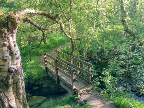 a wooden bench sitting on a path next to a tree at The Hayloft in Holmfirth