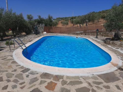 a swimming pool in a yard with blue water at Quinta da Vela in Meirinhos