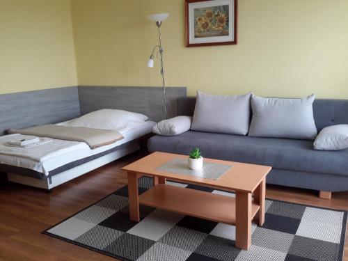 a living room with a couch and a coffee table at Szeki Apartman in Balatonfüred