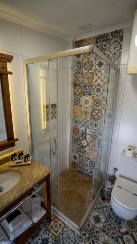a bathroom with a shower with a toilet and a sink at Villa Pietra in Ayvalık