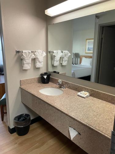 a bathroom with a sink and a large mirror at Days Inn by Wyndham Pleasant Prairie Kenosha in Kenosha