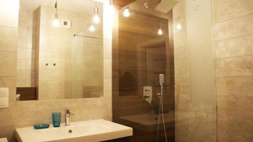 a bathroom with a sink and a shower at Apartament Imagus Oliwa in Gdańsk