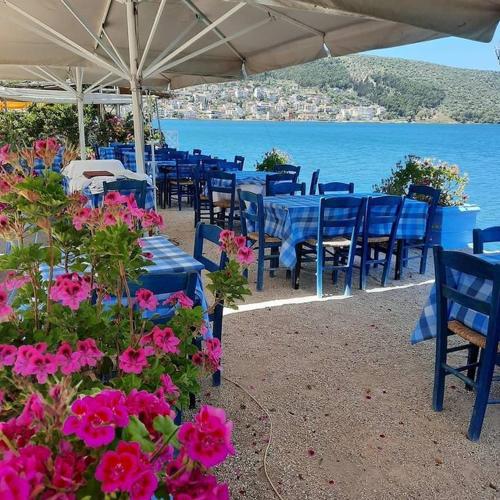 a group of tables and chairs with flowers in front of the water at Amvrakia Hotel in Amfilochía