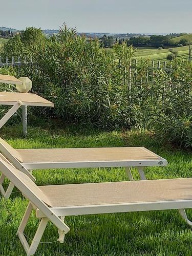 a picnic table and a bench in the grass at La Principessa Nera B&B in Ostra