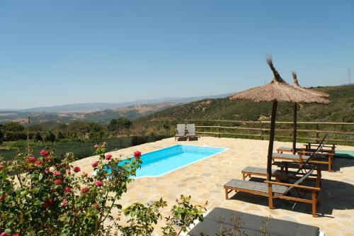a swimming pool with a straw umbrella and two chairs and a bench at The Wild Olive Andalucía Citrus Suite in Casares