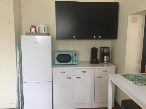 une cuisine avec un réfrigérateur et un micro-ondes dans l'établissement Maisonnette de 2 personnes, à Pornic