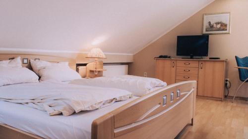 een slaapkamer met 2 bedden en een televisie op een dressoir bij Gästehaus Samuel Wadgassen in Wadgassen