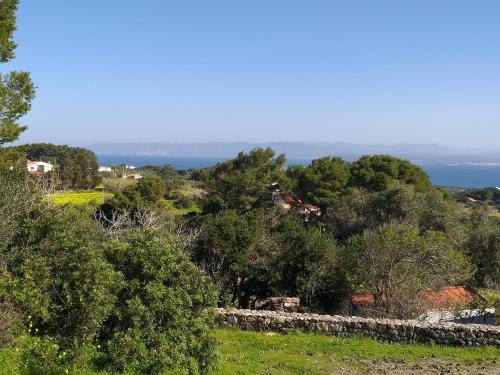 a view of a hill with trees and the ocean at Villetta panoramica con vista mare in Carloforte