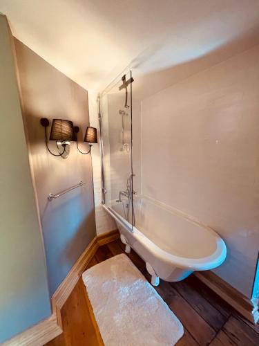 a bathroom with a shower and a bath tub at Gutshaus Klein kussewitz in Klein Kussewitz