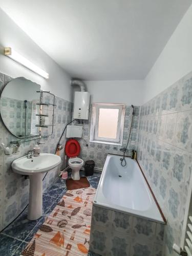 La salle de bains est pourvue d'un lavabo, d'une baignoire et de toilettes. dans l'établissement Casa Lili, à Mangalia