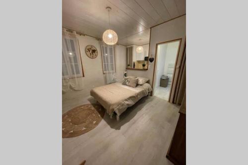 een slaapkamer met een bed en een kroonluchter bij Le Cocoon - 2mn gare SNCF, hyper centre, WIFI-NETFLIX in Niort