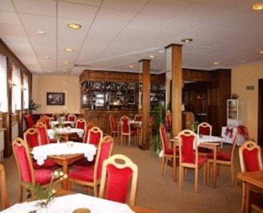 NiederfinowにあるHotel Am Schiffshebewerkの赤い椅子とテーブル、テーブル、テーブルトップが備わるレストラン
