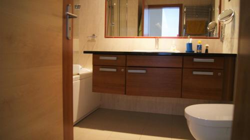 a bathroom with a sink and a toilet and a mirror at Apartamento Foz da Ria in Lagos
