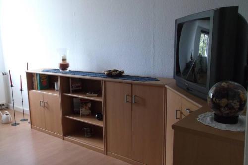 TV en la parte superior de un centro de entretenimiento de madera en Wohnen im Holzhaus en Niesky