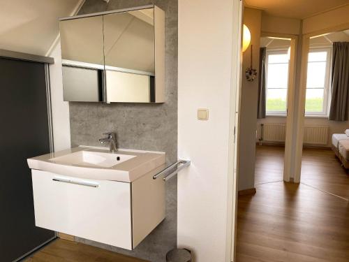 a bathroom with a sink and a mirror at Hello Zeeland - Vakantiehuis Zwin 031 in Breskens