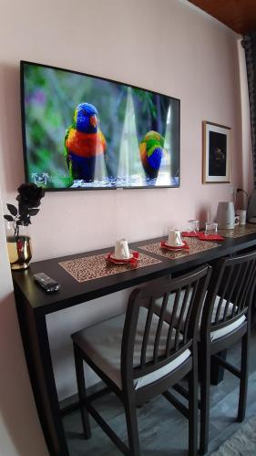 two birds sitting on a table with a television on a wall at Room De Lux SPA " TABARKA " in Spa